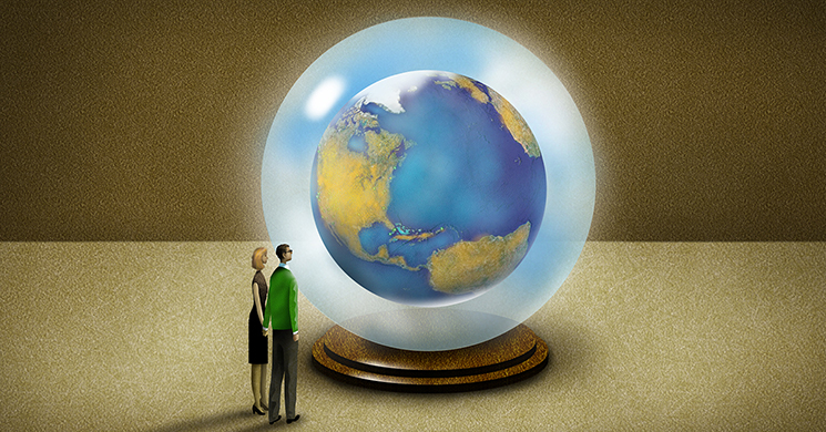 2 people next to a globe